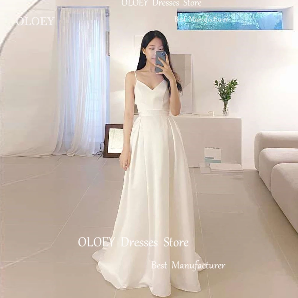 OLOEY Simple A Line Satin Korea Wedding Dresses Spaghetti Straps Soft Satin Floor Length Bridal Gowns Plus Size Plus Size