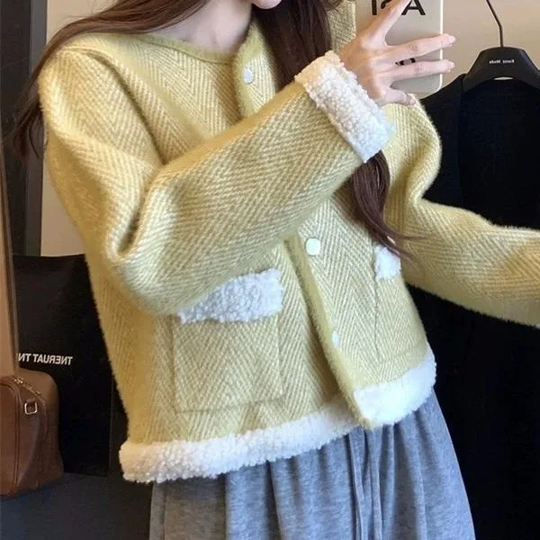 

2025 Fall Winter New French Elegant Knit Long Sleeve O-Neck Single-Breasted Cardigan Outerwear Fashion Casual Women Sweater Coat