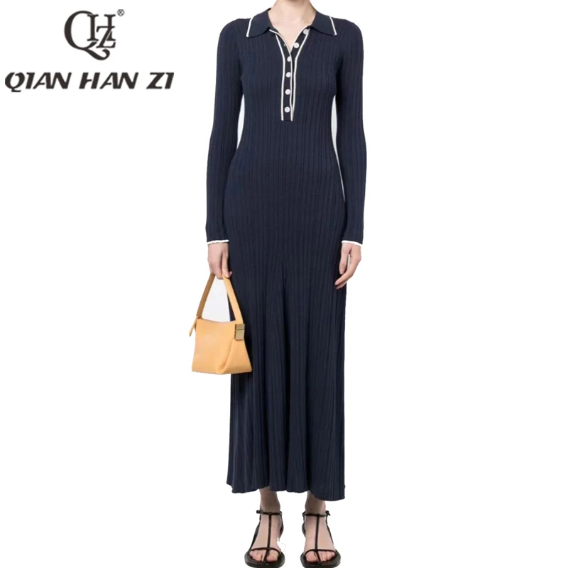 

QHZ autumn winter new designer fashion knitted dress Flip collar long sleeves high-quality sweater wool retro slim long dress