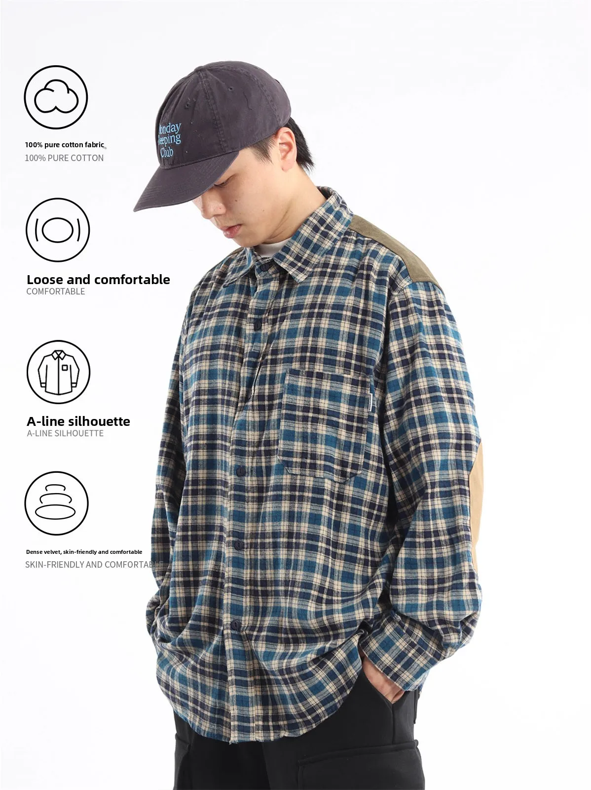 Trendy Blue Plaid Patchwork Cotton Shirt Casual Vintage Brushed Unisex Outerwear Top Youth Spring Autumn Loose Fit Long Sleeve