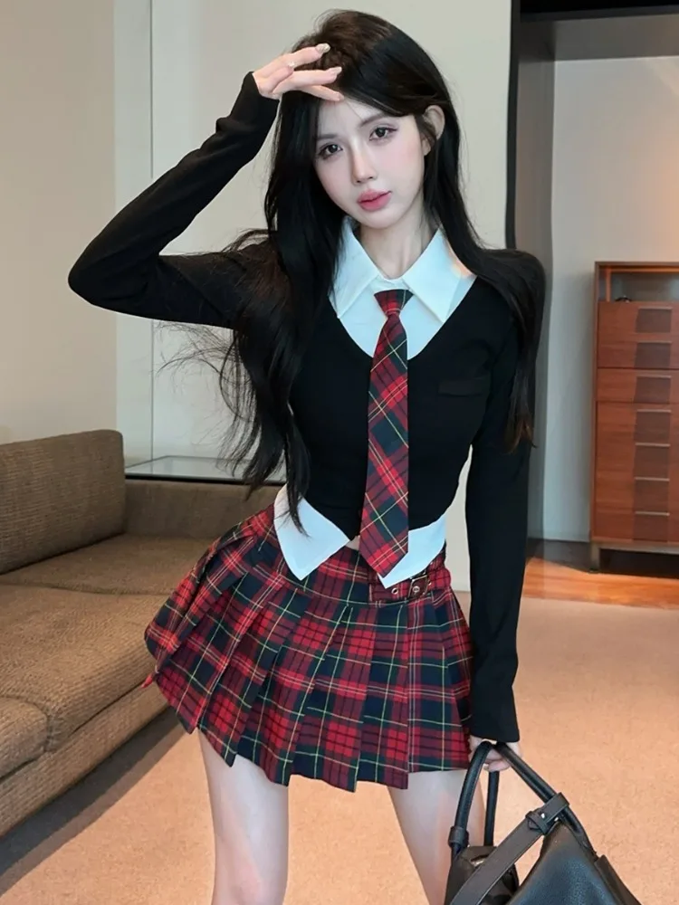 

College Style Jk Uniform Set Women's Spring Autumn Winter American Sweet Spicy High-End Feeling Fake Two-Piece Top Half-Skirt...
