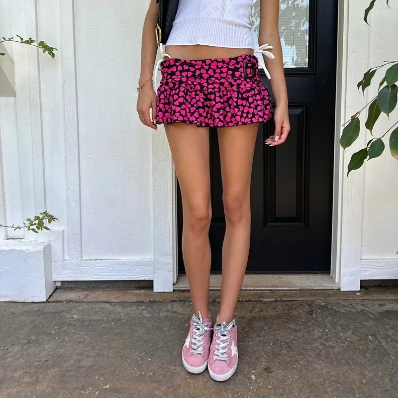 المرأة Y2K لطيف القلب طباعة تنورة صغيرة Coquette منخفضة الارتفاع المتدرج الكشكشة تنورة قصيرة الجنية خمر تنورة صغيرة قيعان الجمالية