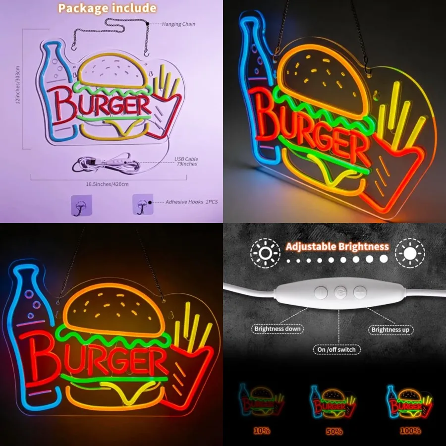 

and Fries Neon Sign - Dimmable Ham LED Light, Restaurant and Dining Room Wall Decor, Snack Bar Sign, s Party Decorations