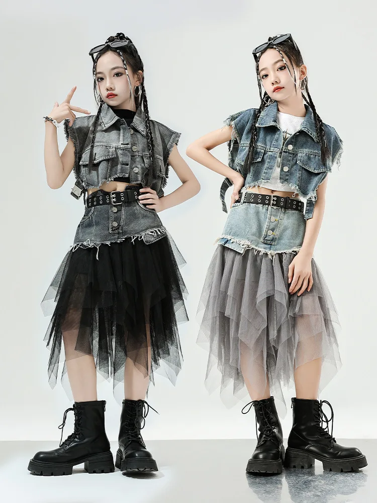 Kid Cool Hip Hop Kleidung Denim Blau Ärmellose Jacke Weste Top Straße Patchwork Mesh Rock für Mädchen Jazz Dance Kostüm Kleidung