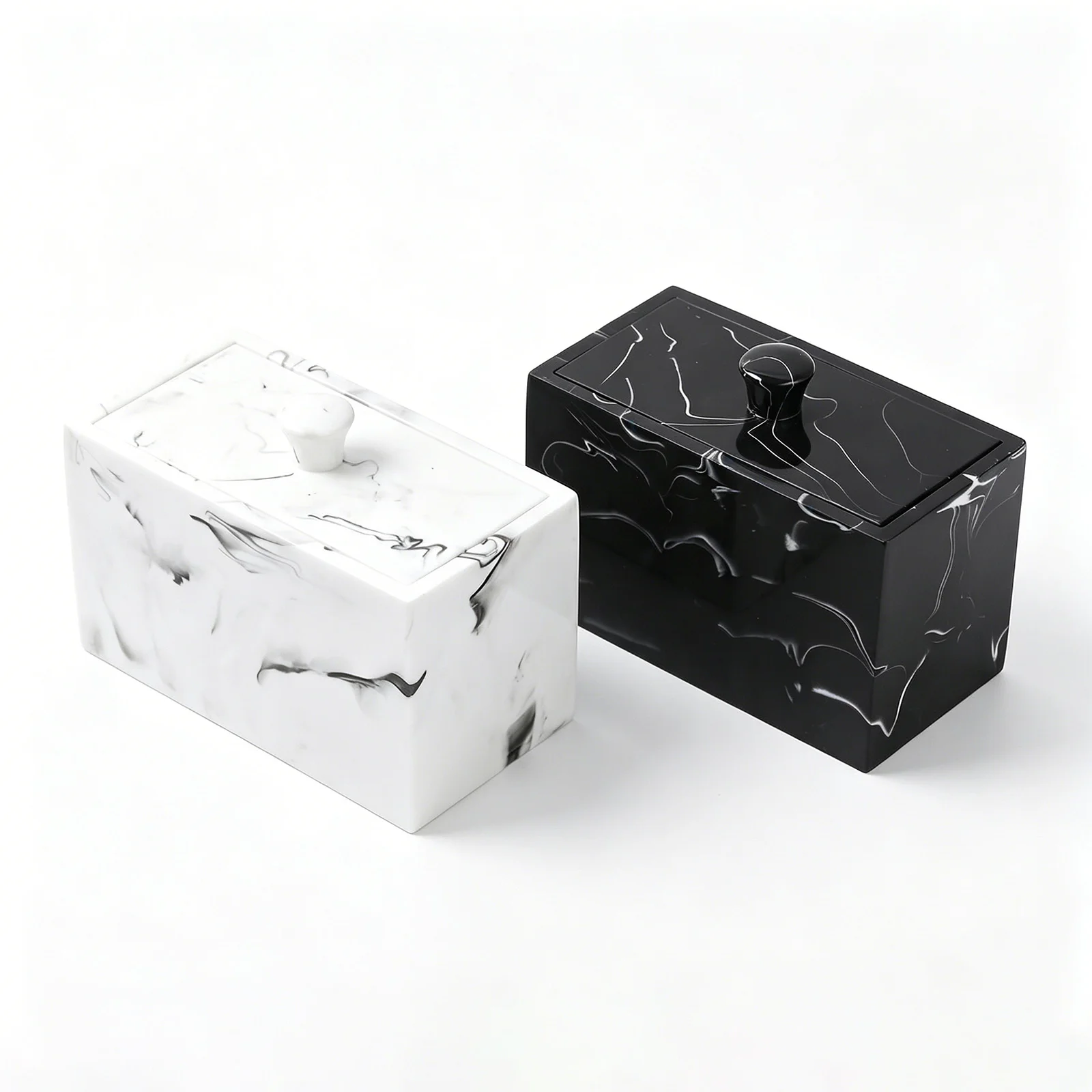 Elegant Marble Finish Resin Cotton Swab Holder Box, Small Storage Organizer Case for Swabs Toothpicks Jewelry Spare P