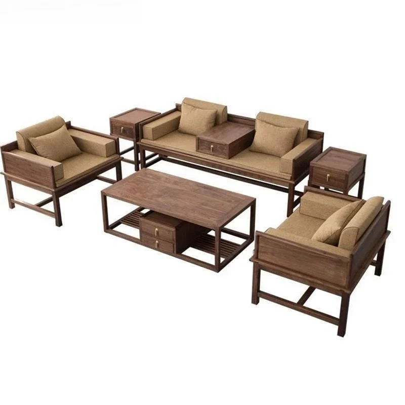 

New Chinese-style all-solid wood double sofa, old elm Zen black walnut, minimalist