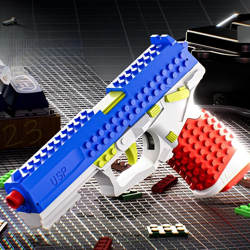 New F32 USP Building Block Carrot Gun Box Shell Throwing Continuous Firing Airsoft Blowback Empty Toy Pistol for Fans Cosplay