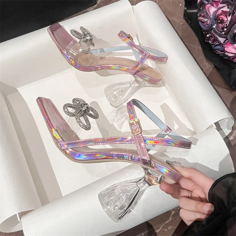 Aneikeh Fashion Woman Sandals Butterfly-knot Buckle Strap Square Toe Crystal Transparent High Heels Party Shoes Zapatos De Mujer - view 3