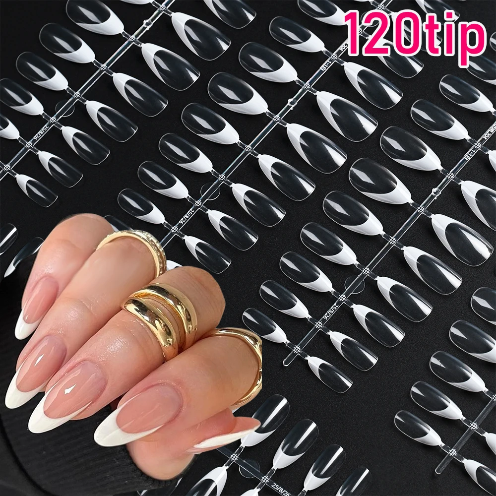 

120pcs Clear-French Soft Gel False Nails White-Tipped Glossy French Press on nails Wearable Medium-length Almond False Nails Tip