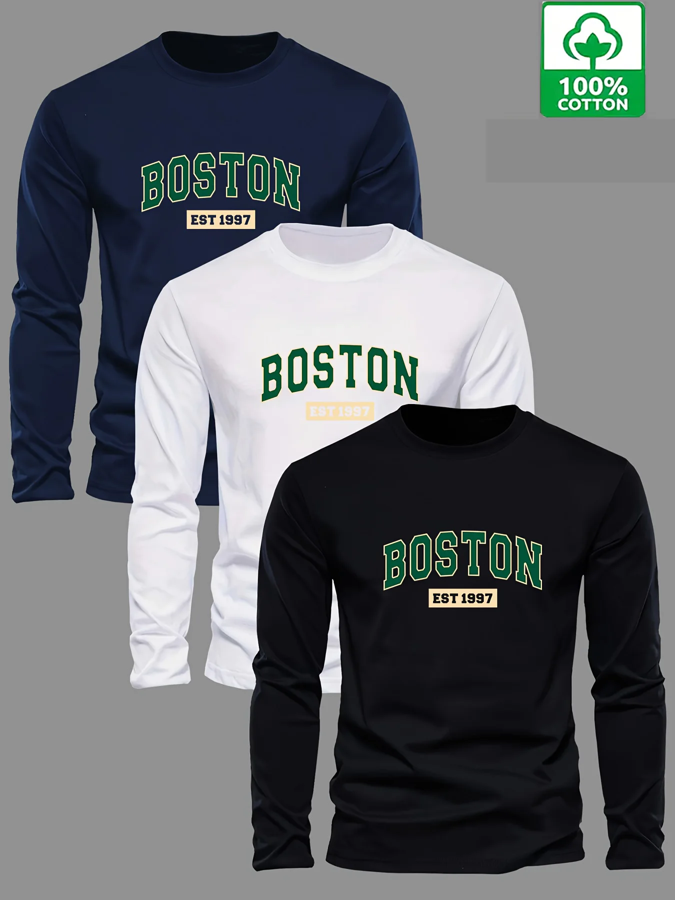 Men's 100% Pure Cotton Loose and Comfortable Casual Sports Boston EST 1997 Letter Printed Round Neck Long Sleeved T-Shirt Top
