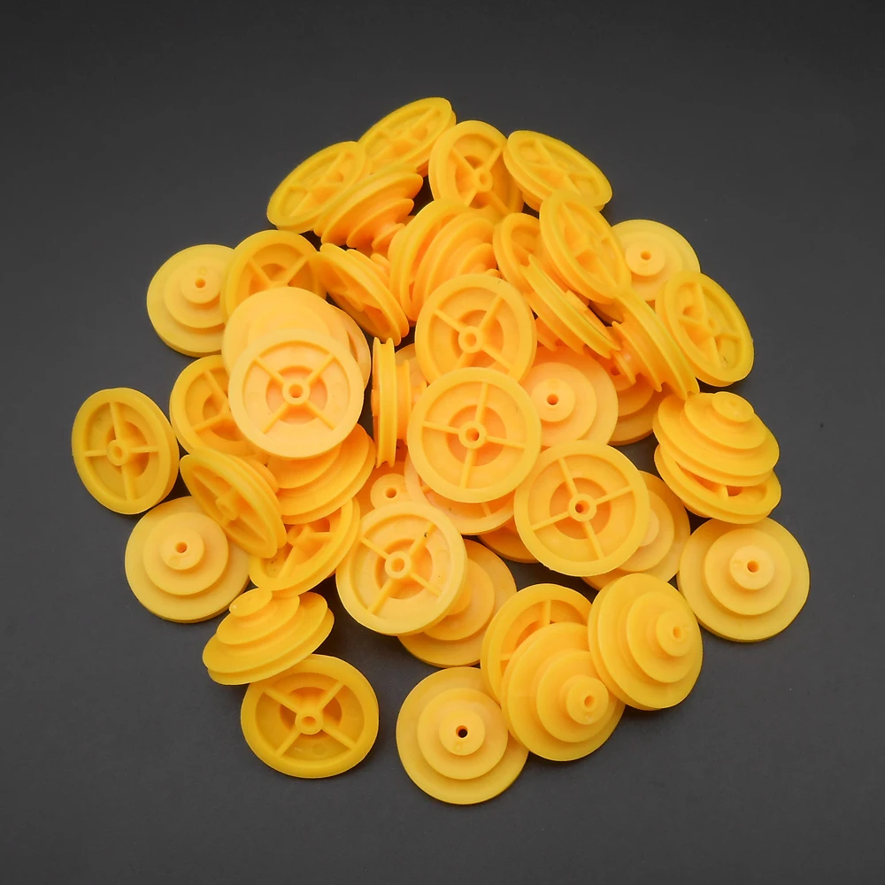 50Pcs/Lot HQ Three-layer Plastic Pulley Groove Dia.27mm 18mm 9mm TH 11.5mm Bore Aperture 2.45mm+1.95mm+2.95mm 2.5A 2A 3A  Yellow