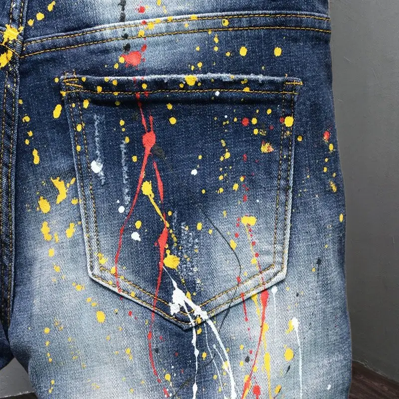 New High Quality Men's Clothing Casual Slim Pencil Pants Distressed Paint Patch Color Ink Graffiti Designer Long Jeans Trousers