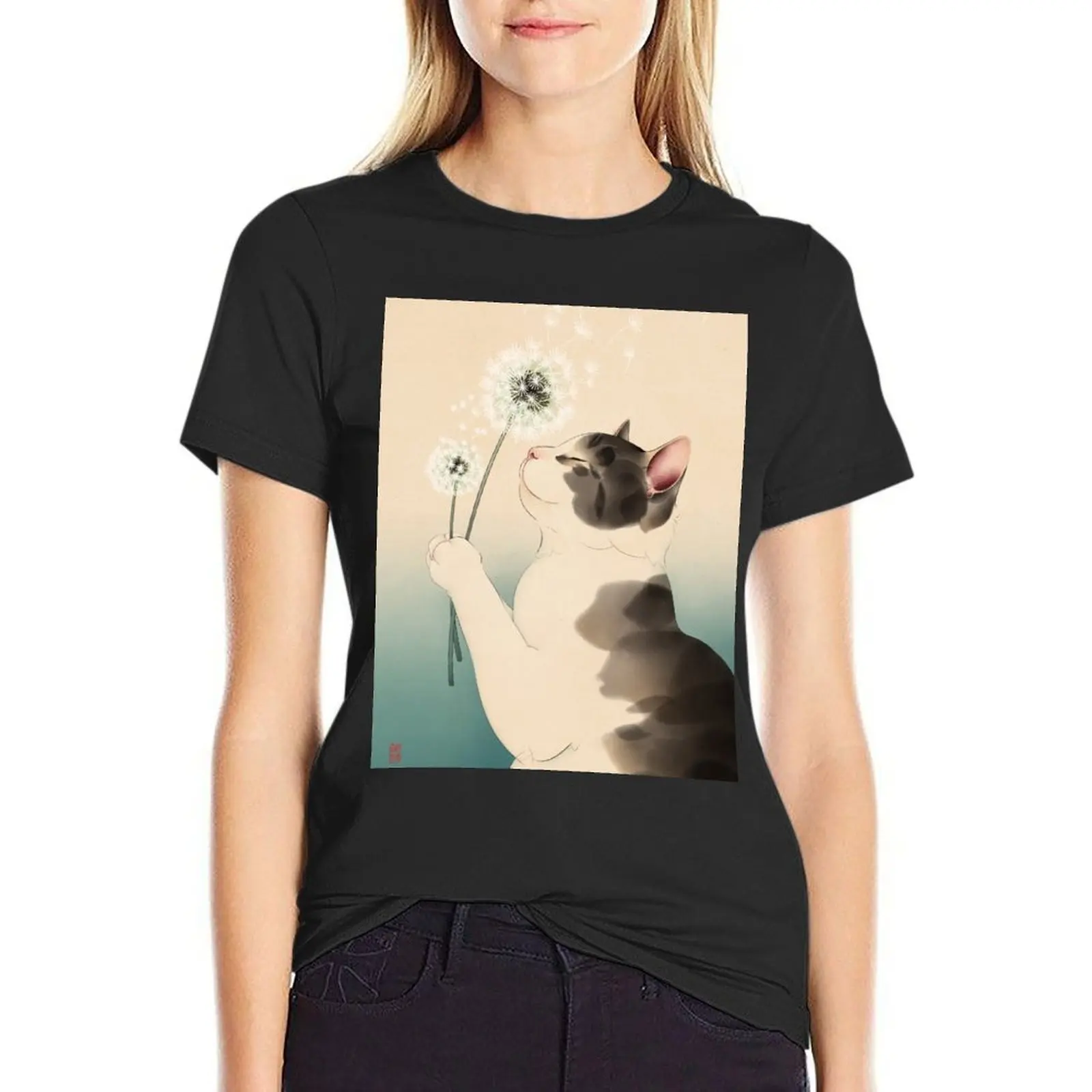 

Cat Wish with Dandelion T-Shirt vintage new edition summer clothes cotton t shirts Women
