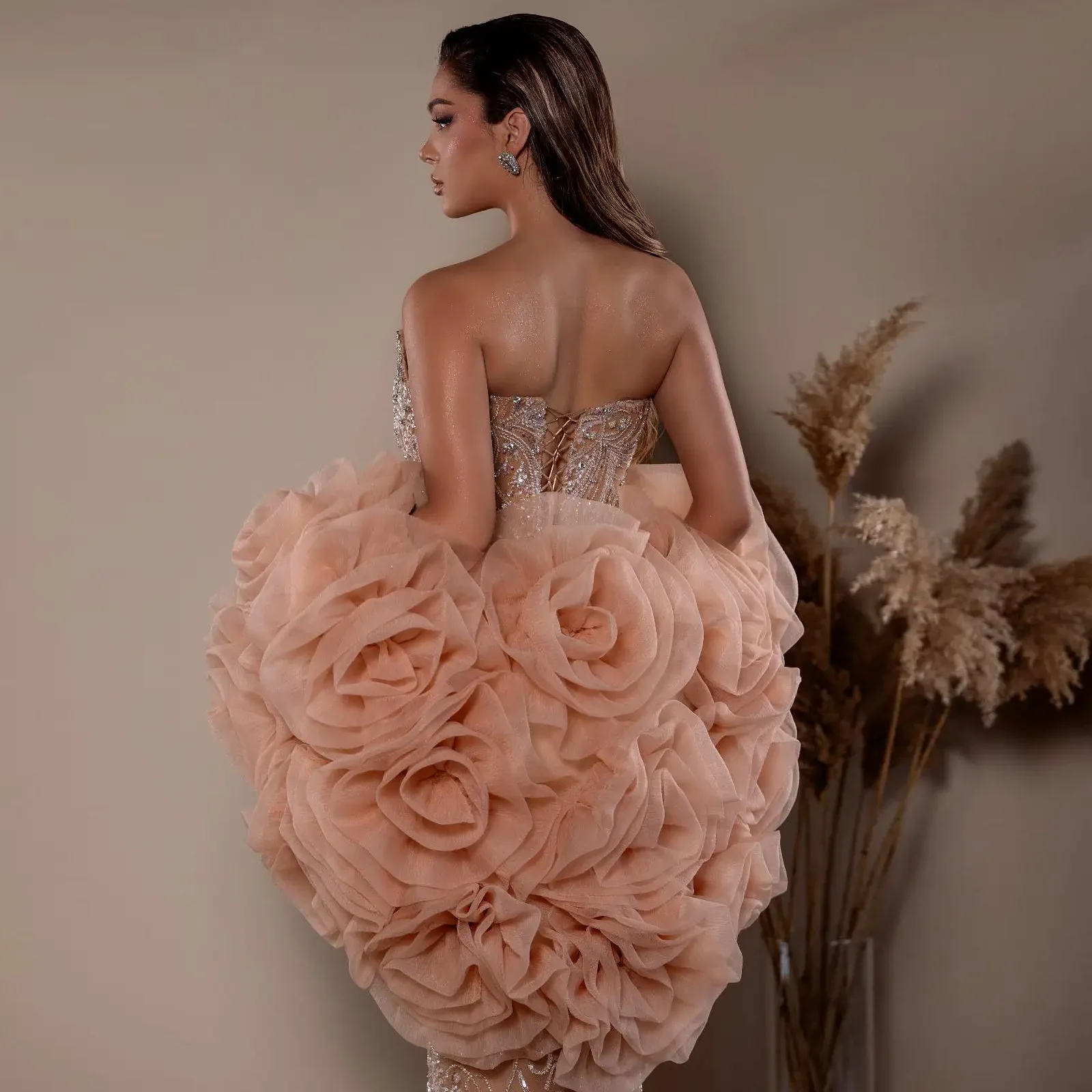 

Luxury Peach Jacket Female Organza Coats Handmade Women Layered Tops Floral Jacket with Sleeves Ruffled