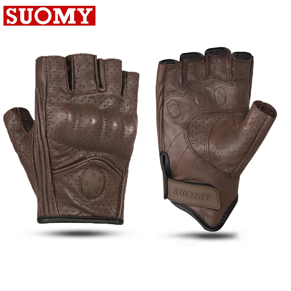 SUOMY Summer Vintage Brown Goat Leather Motorcycle Half Finger Gloves Breathable Motorbike Gloves Anti-drop Non-slip MTB Glove