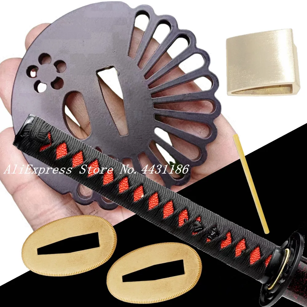 26CM Tsuka Japanese Samurai Sword Iron Tsuba For Katana/Wakizashi Guard Fittings Set Menuki+Fuchi+Kashira+Handle+Habaki+Seppa