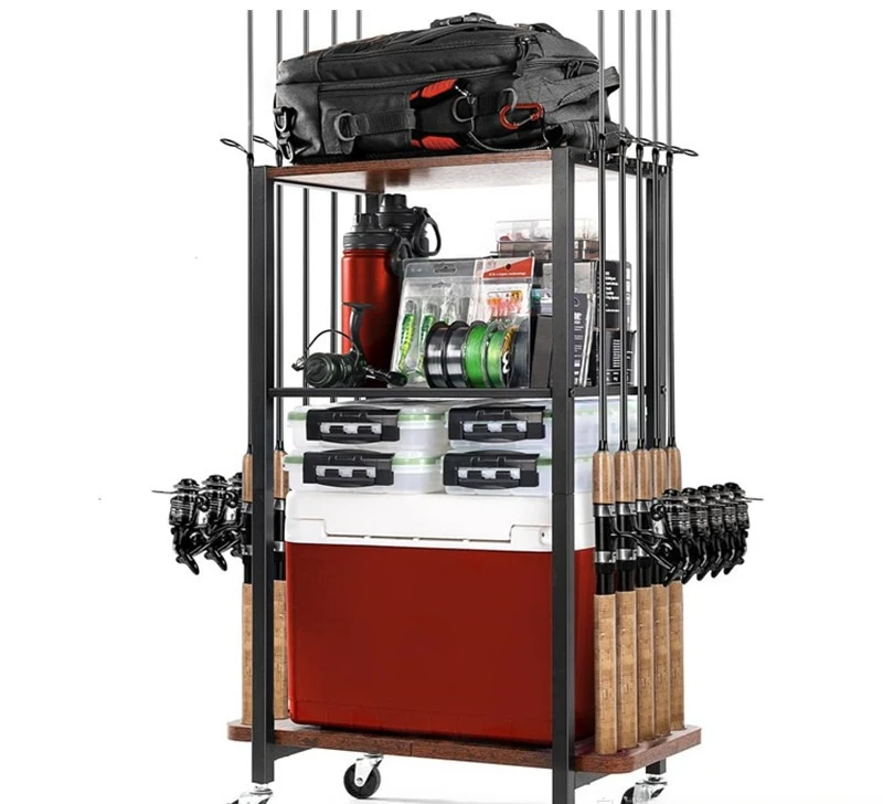 

Multi-functional fishing gear supplies display rack, fishing gear storage rack, movable fishing box shelf