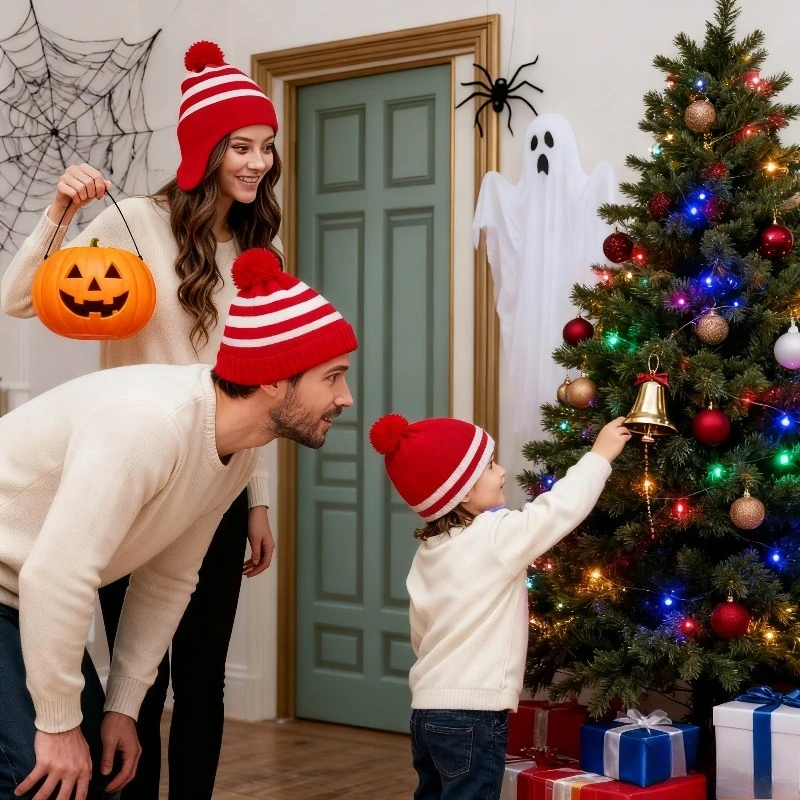 1 Stück rote Mütze mit Bommel, Weihnachtsmütze, Winter, warm gestrickt, randlose Mütze, für Herren und Damen, Urlaub, Party, Weihnachten, Neujahr, Accessoires, Dekoration