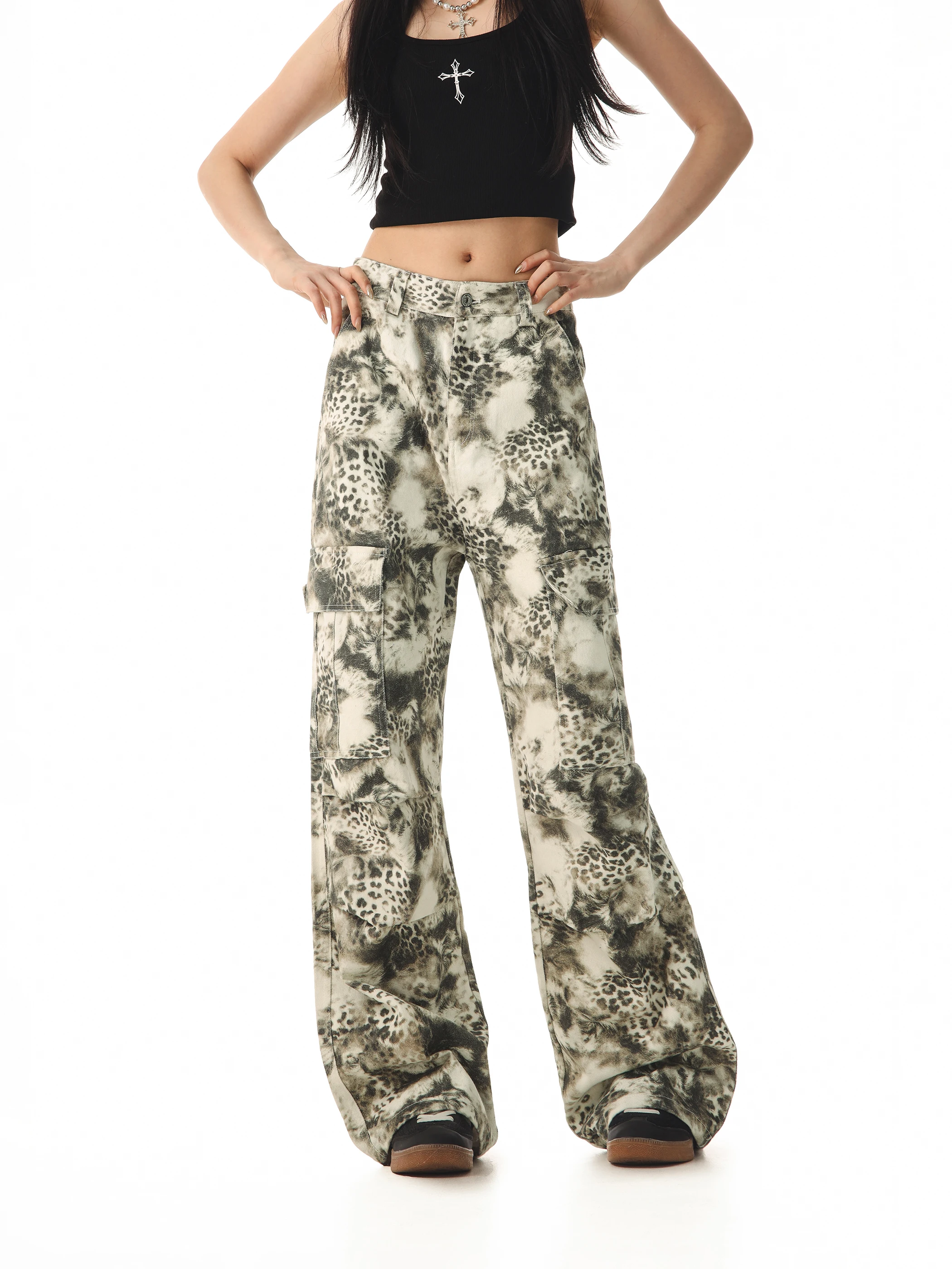 

Ретро-американские камуфляжные брюки с широкими штанинами для женщин, свободные прямые брюки в уличном стиле, прочные повседневные брюки в стиле Beer Captain