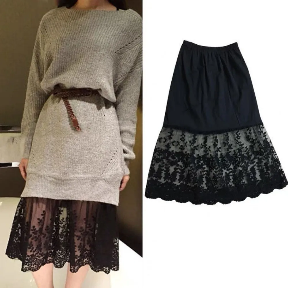 Casual Lace Women Half Skirt Elastic Knee Length Base Skirt Natural Waist a-Line Inner Lining Skirt Women's Petticoat