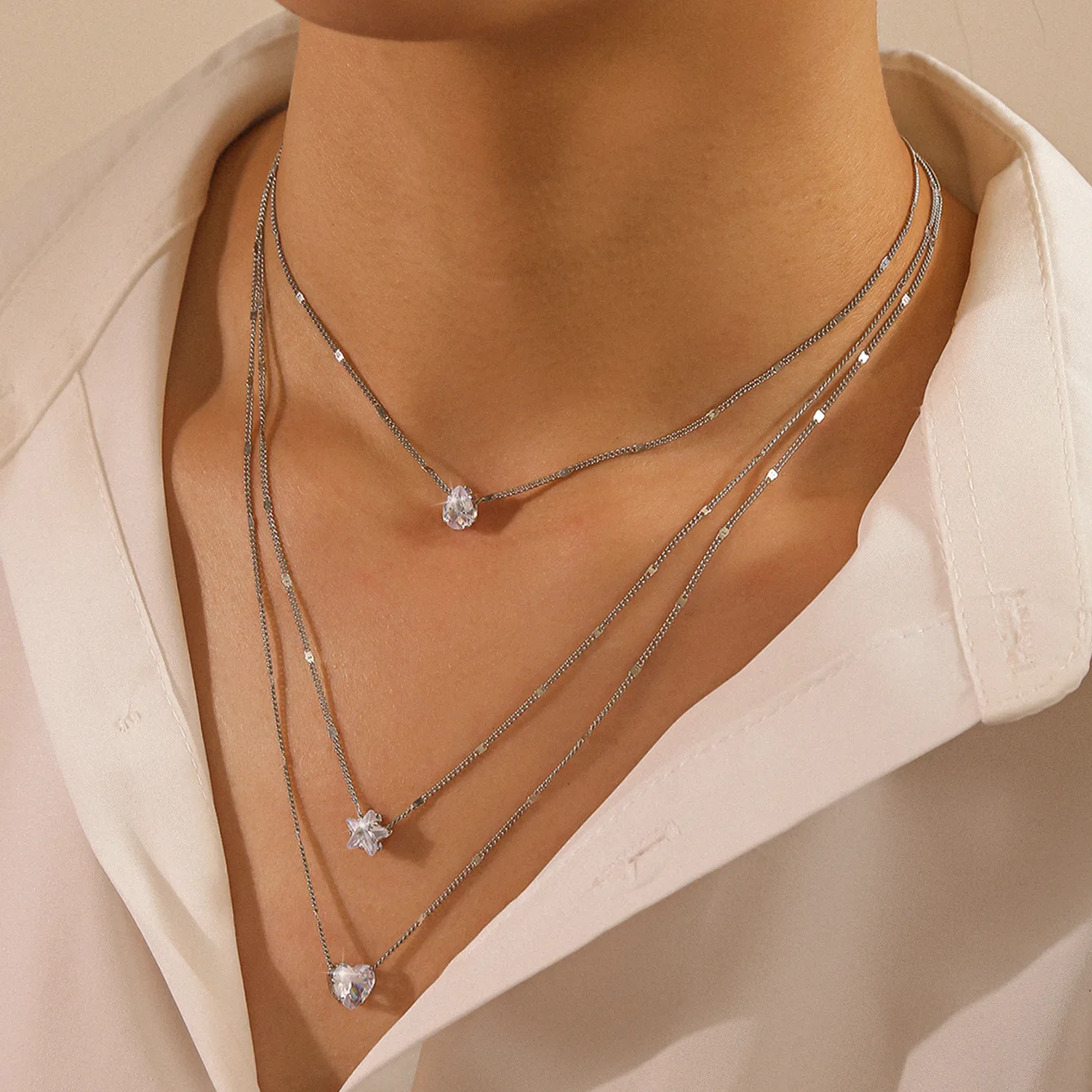 Trendy Zircon Pendant Necklace for Women Multilayer Chain Choker 3 Layer Heart Star Teardrop Shiny Fashion Party Jewelry Gift
