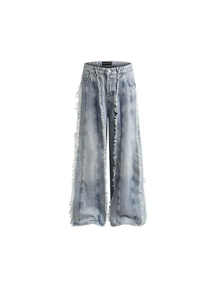 Celana Jeans Wanita High Waist Wide Leg Longgar Kasual Biru Muda Model Sobek Desain Pinggang Tinggi Rumbai Musim Gugur 2025 Terbaru