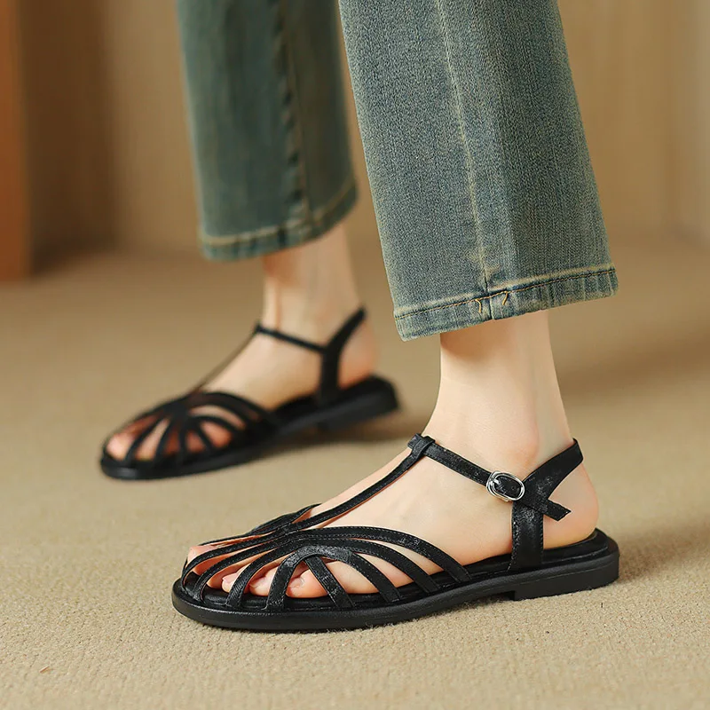 Phoentin retro hollow out summer Gladiator sandals 2024 summer new round cove toe comfortable low heels rome shoes FT3494