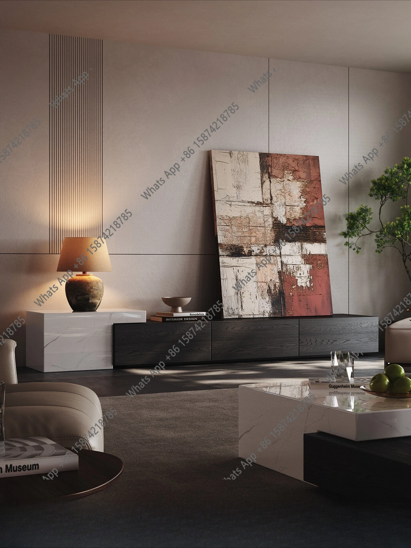 

Italian minimalist living room natural stone haute couture TV cabinet antique light luxury high-end designer new villa