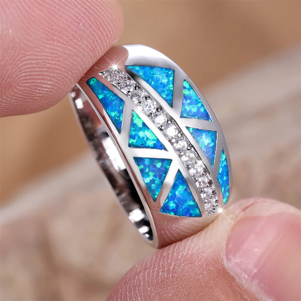 Geometric Stone Blue Opal White Small Zircon Rings For Women Vintage Silver Color Wedding Band Engagement Jewelry Couples Gifts