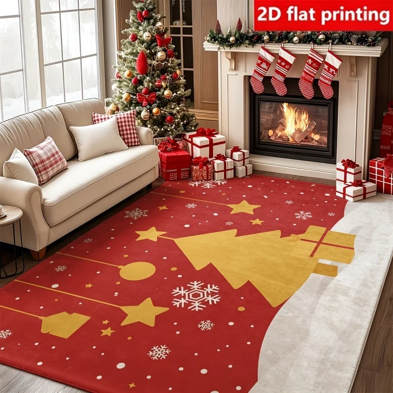 Dark Green Golden Snowflake Christmas Area Rug Holly Berry Bauble Ribbon Pine Print Floor Mat Luxury Winter Holiday Decor Carpet