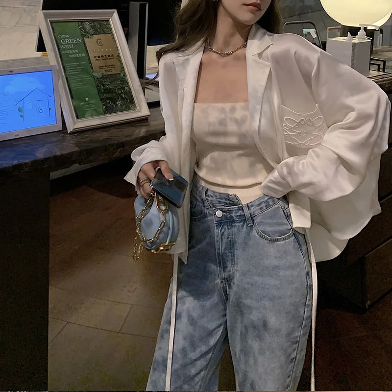 Spring Autumn New POLO Collar Long Sleeve Shirt Women High Street Solid Color Elegant Button Cardigan Embroidered Pockets Tops