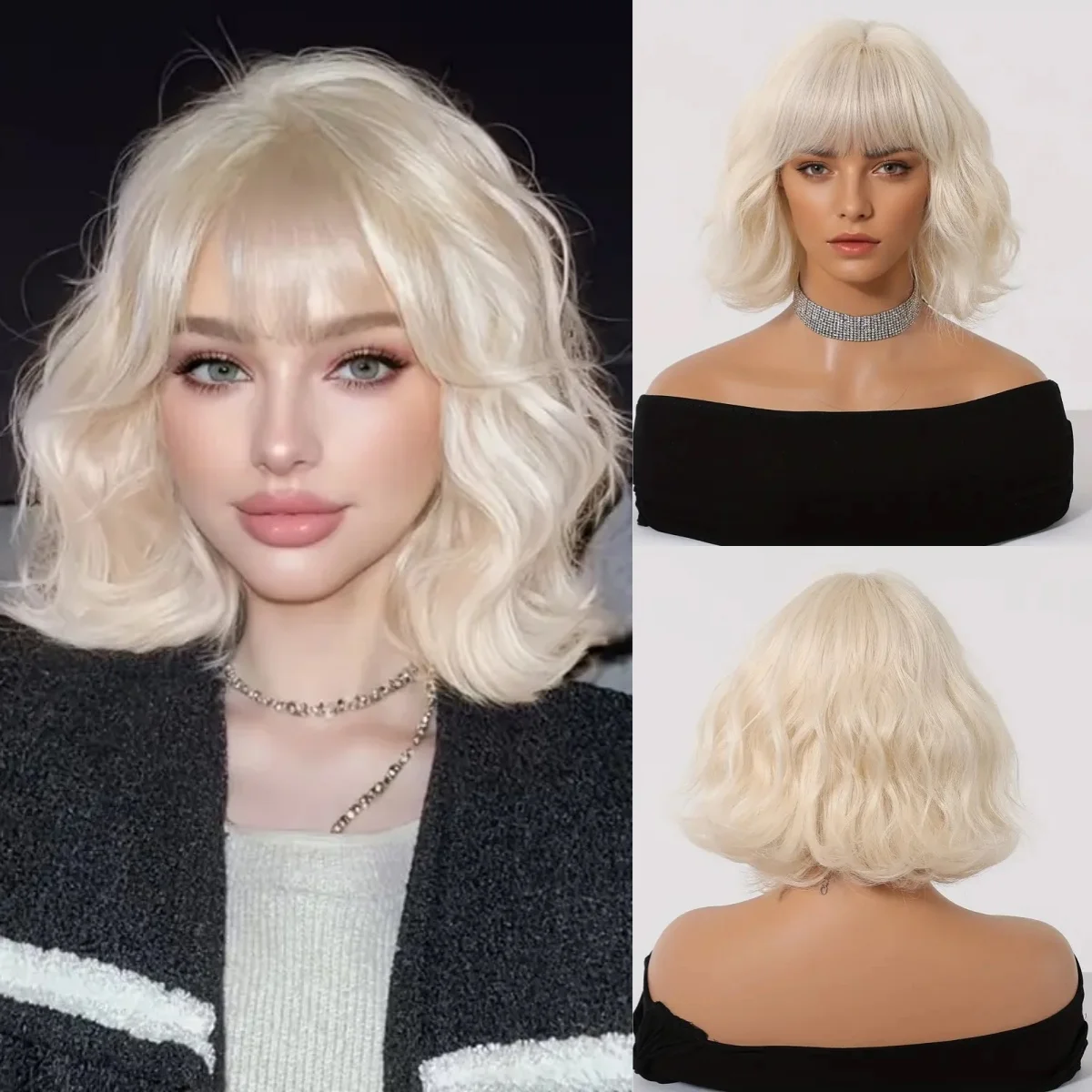 Short Platinum Blonde Wavy Synthetic Wigs with Bangs for Women Blonde Bob Cosplay Party Lolita Wig Heat Resistant Natural Hair