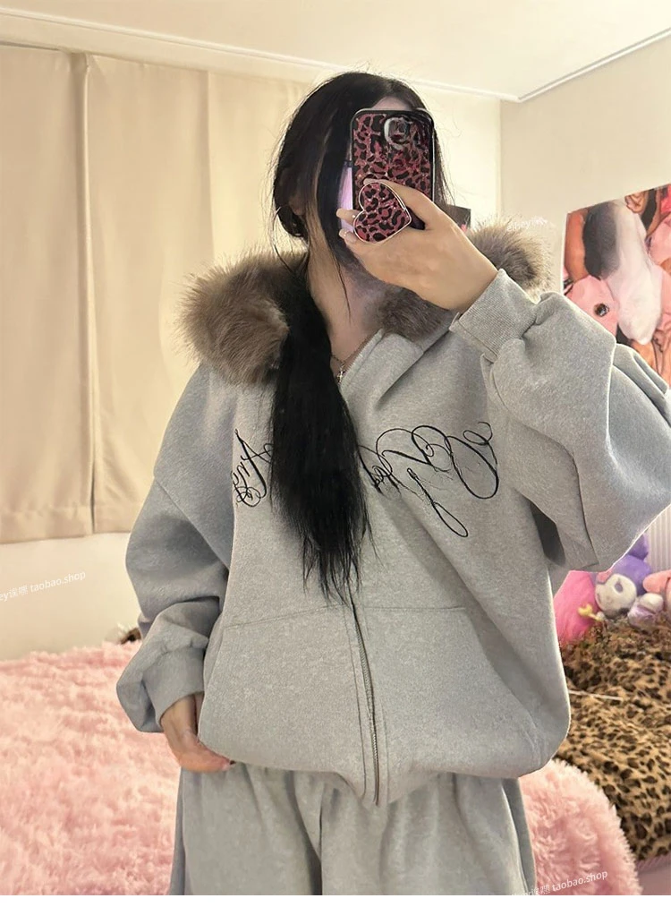 KUSAHIKI Retro Fur Collar Zipper Cardigan Versatile Fit Slimming Top Hooded Sweatshirt Jacket for Women