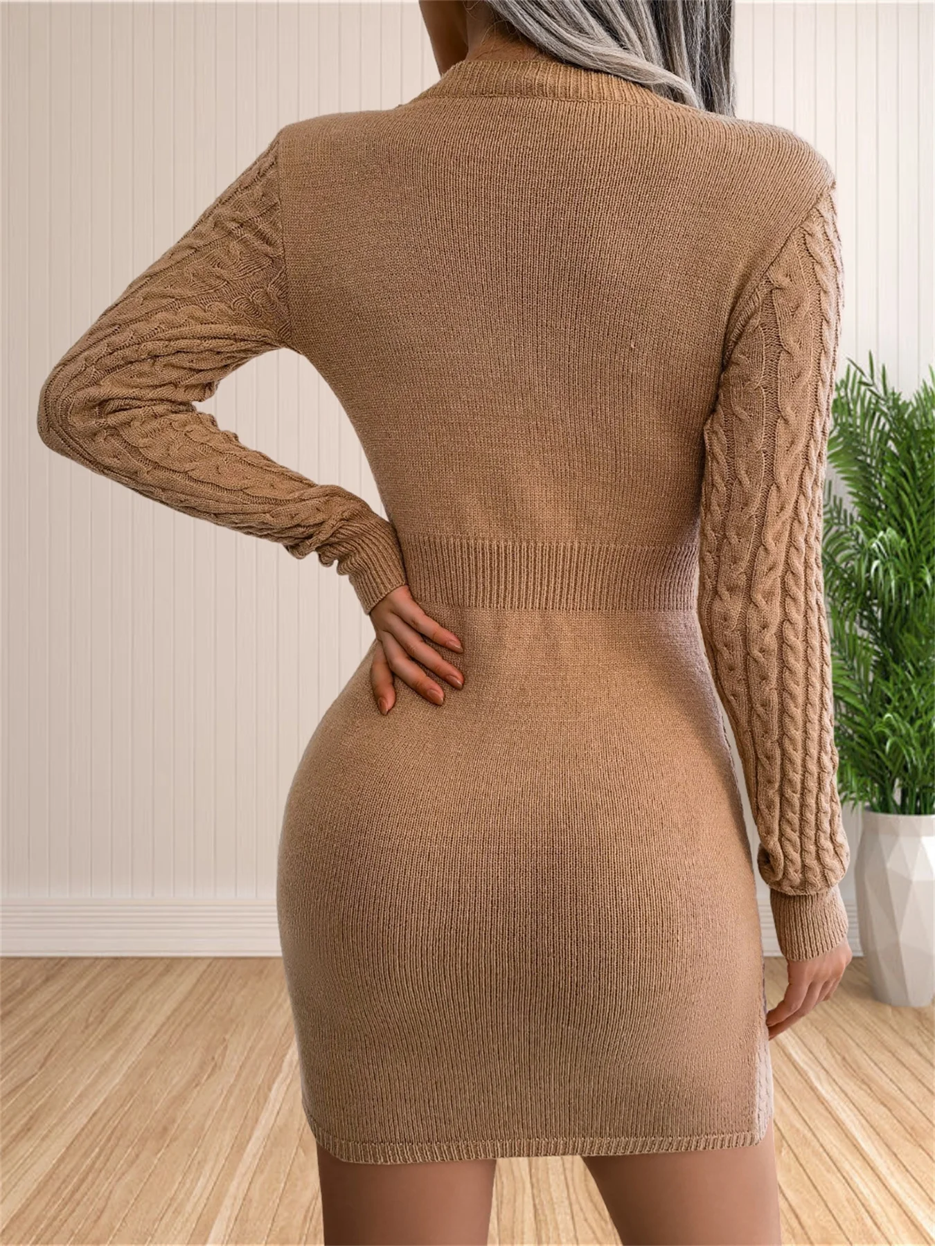 Women\'s Sexy Backless Cable Knit Sweater Dress Long Sleeve Bodycon Midi Dresses for Fall Winter