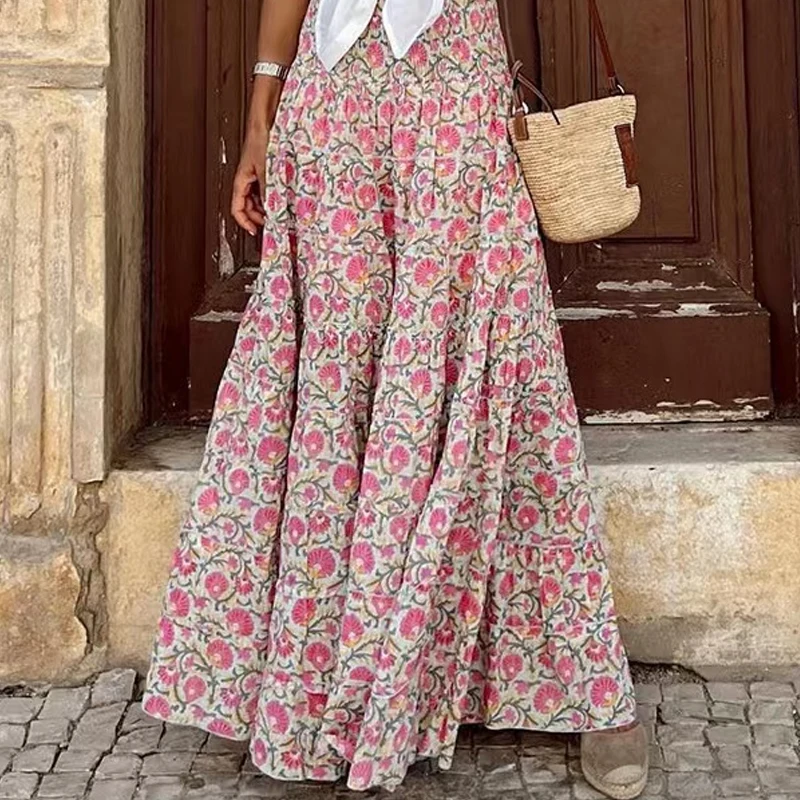 Elegant Fashion Printed A-line Women Skirts Casual New Loose Summer Long Skirt Female Elastic High Waist Ladies Skirts Clothes