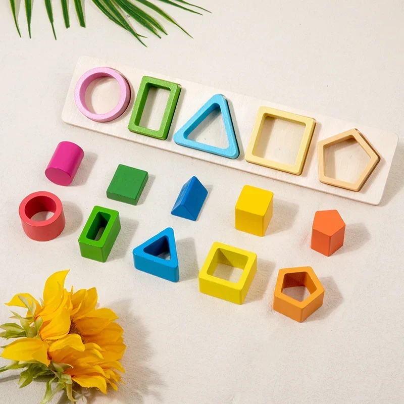 Wooden Geometric Stacked Columns Shape Color Sorting Matching Puzzles Building Blocks Stacking Toys Kids Montessori Gifts