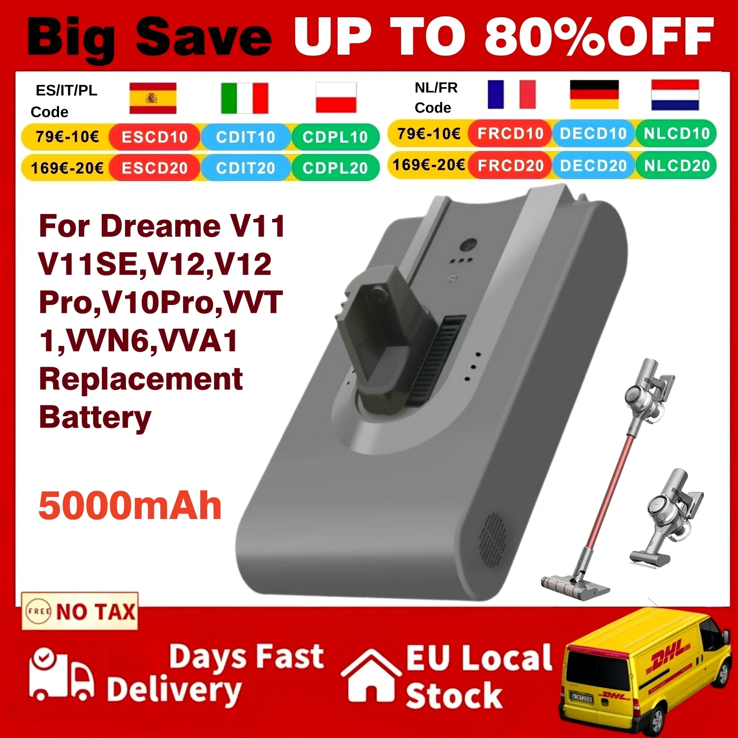 Batterie de remplacement originale pour aspirateur à main Dreame 25.2V 5000mAh V11 V11SE V12 VVT1 VVN5 VVN6 VVA1 V12Pro