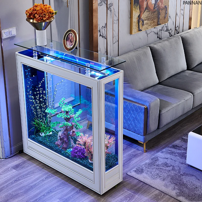 

Light luxury fish tank, large ultra-white glass ecological aquarium partition fish tank in living room