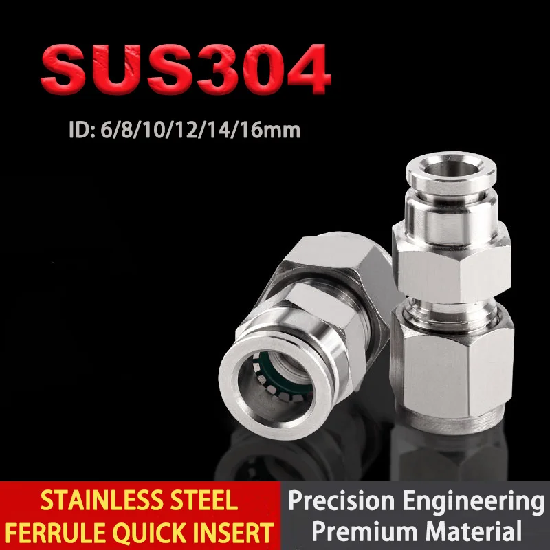 304 Stainless Steel Compression Fitting Quick-Connect Coupling 6mm -12mm Air Tubing High-Pressure Resistant Pneumatic Components