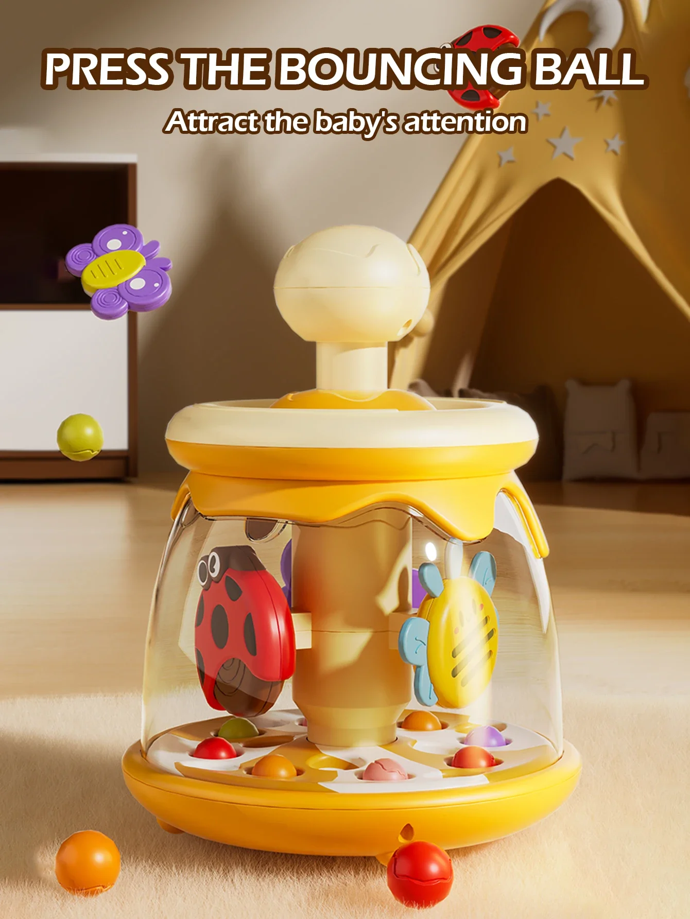 Jouets éducatifs à presser pour enfants de 6 mois et plus, rotatifs avec insectes et boules, coordination des mains, cadeau de noël apaisant, 1 pièce