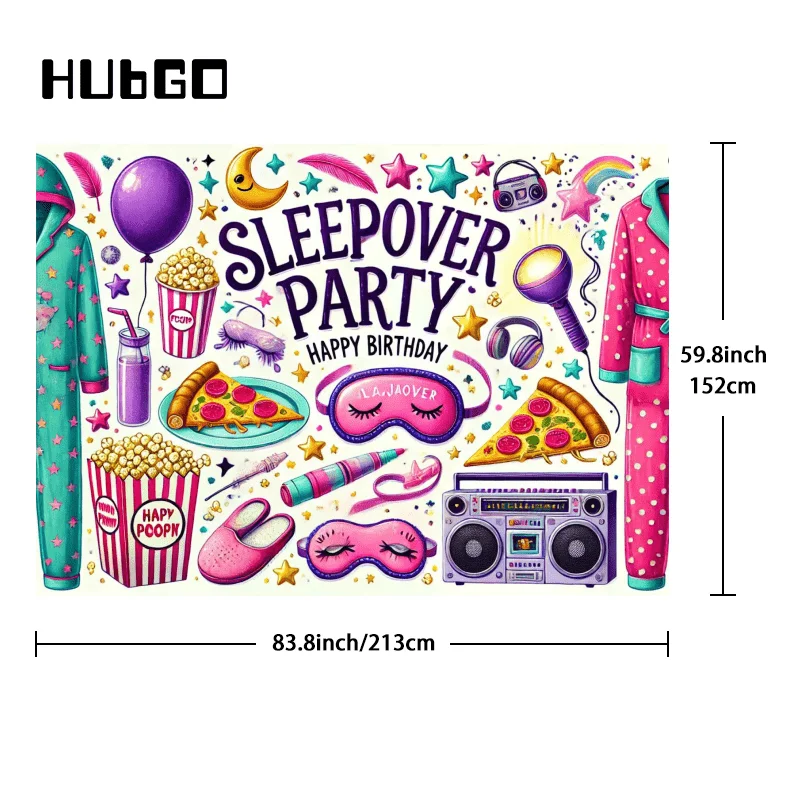 Vibrant Sleepover Party Backdrop with Pajamas & Fun Icons - Durable Polyester, High-Definition Design for Studio & Event Decor
