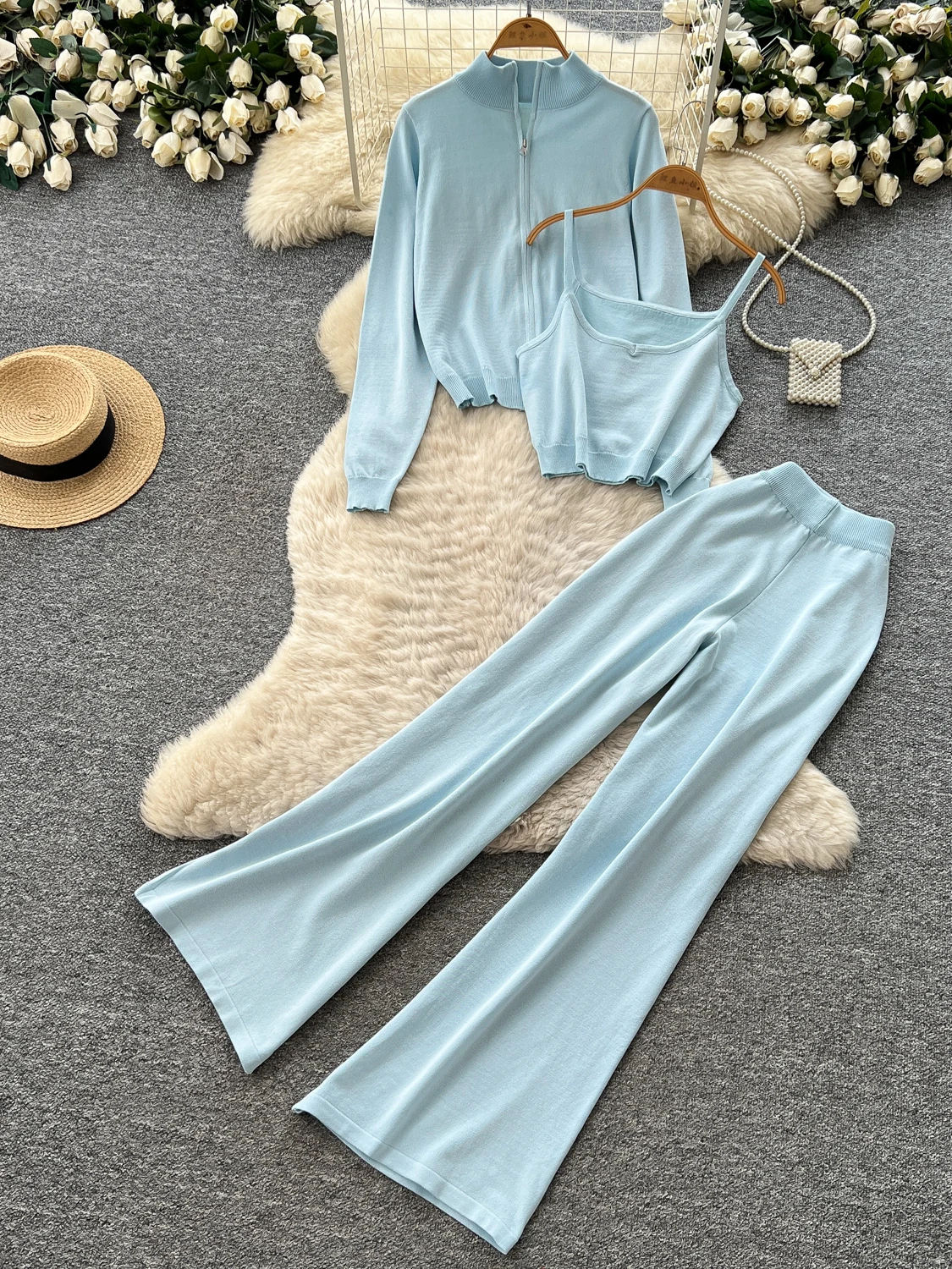 Ladies' Knitted Open Cardigan And Wide Leg Pants Two-Piece Set Casual Style Lightweight Autumn Fashion Slimming Commute Outfit