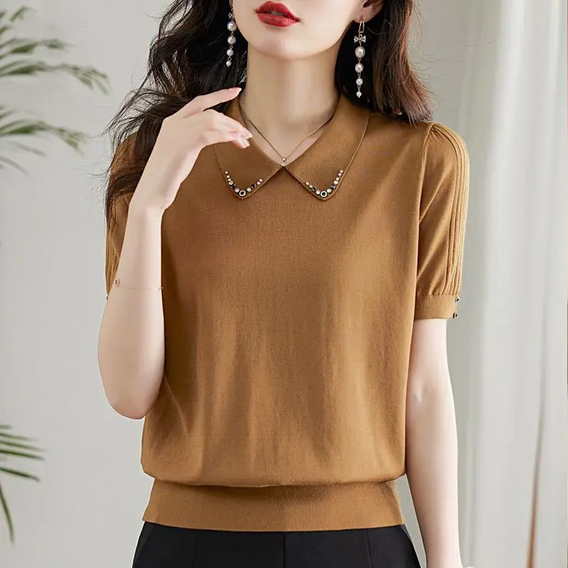 Temperament Summer Women's POLO Collar Solid Embroidered Flares Screw Thread Fashion Versatile Loose Short Sleeve Knitting Tops