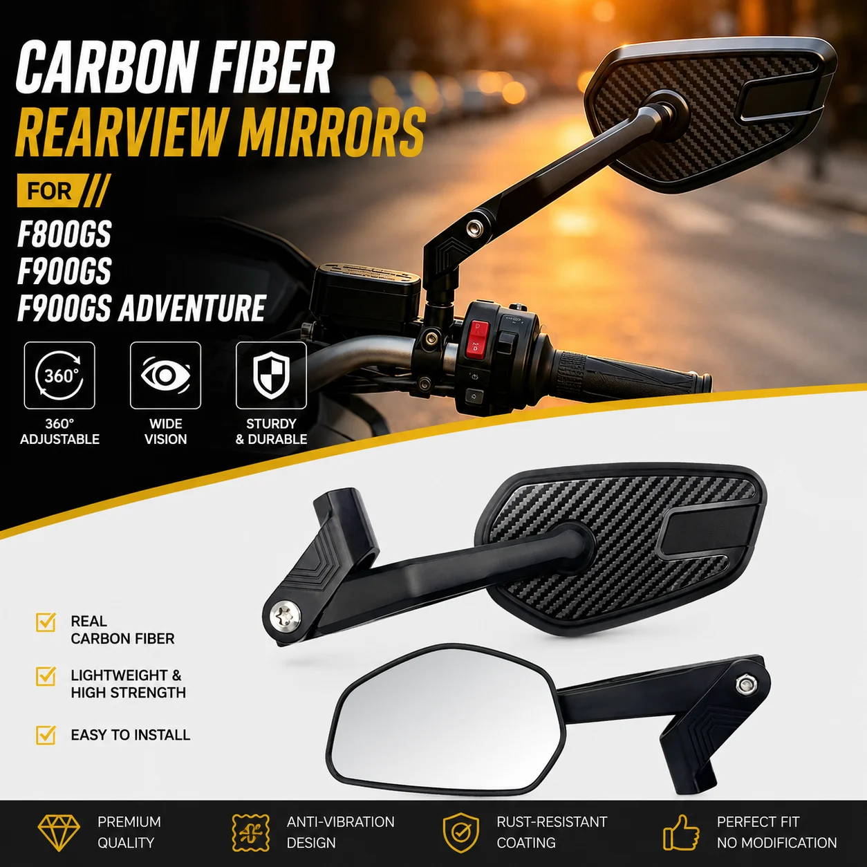 

Carbon Fiber Aluminum Alloy new Fit FOR F800GS F900GS F900GS Adventure Motorcycle Carbon Universal 8MM 10MM RearView Mirrors