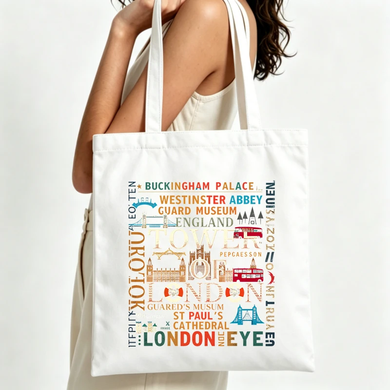Women's London landmark typography print canvas tote bag, vintage style for daily shopping and casual outings