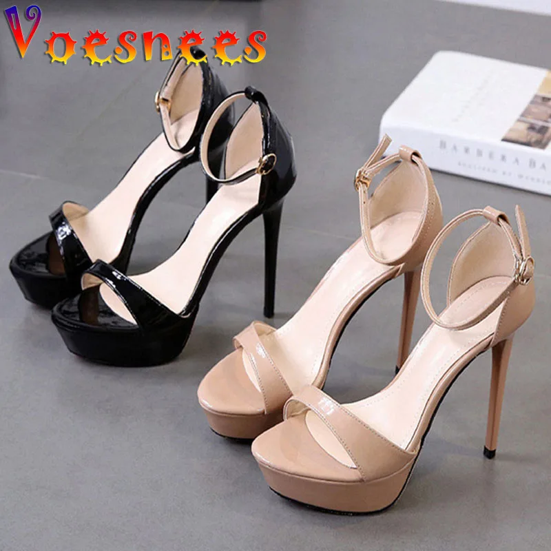 Sexy One Word Band Women Stiletto Shoes Summer Pure Colour Buckle Strap Platform High Heels 12CM Super High Heel Catwalk Sandals