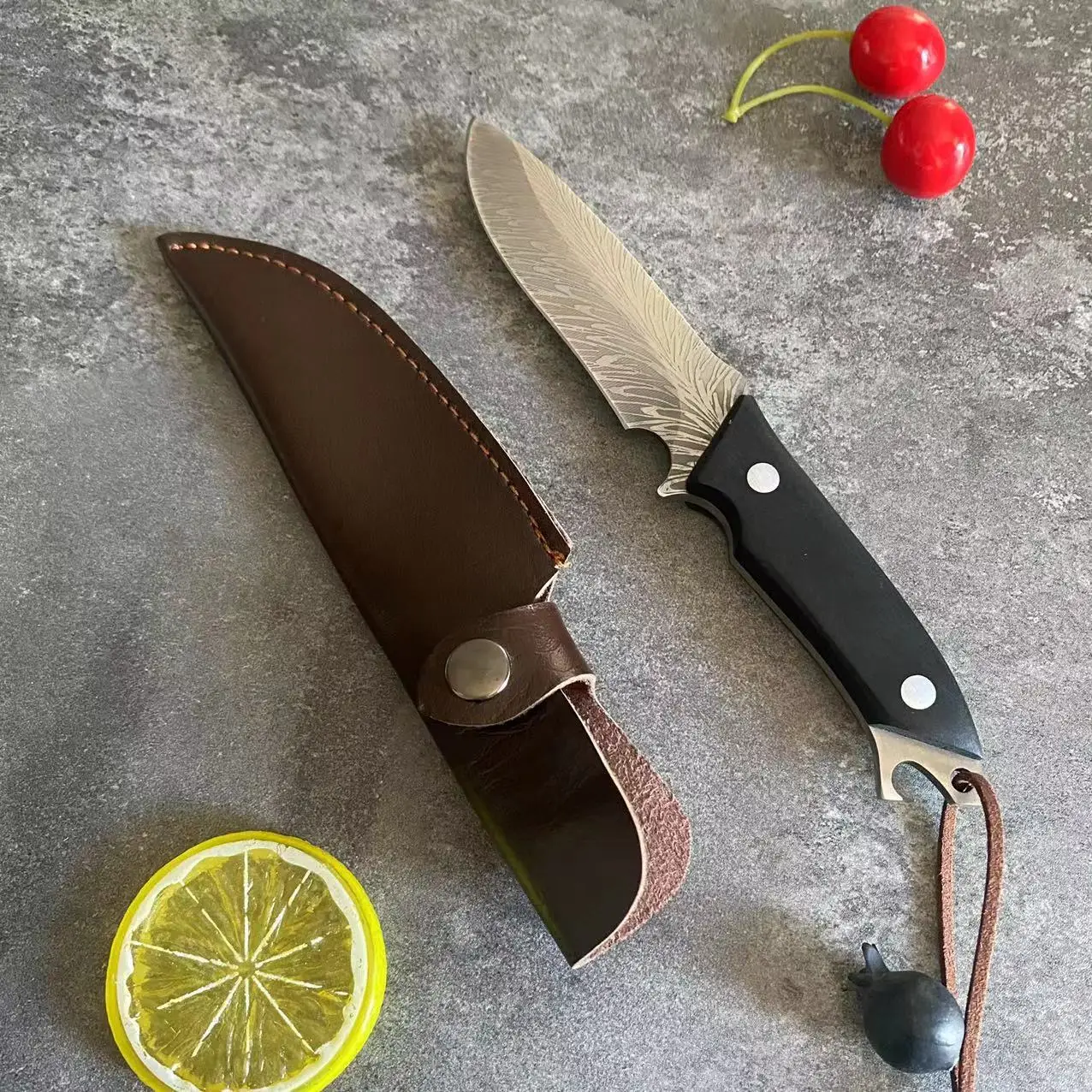 Solid wood handle +D2/Laser feather pattern outdoor knife handmade knife fruit knife high hardness straight knife