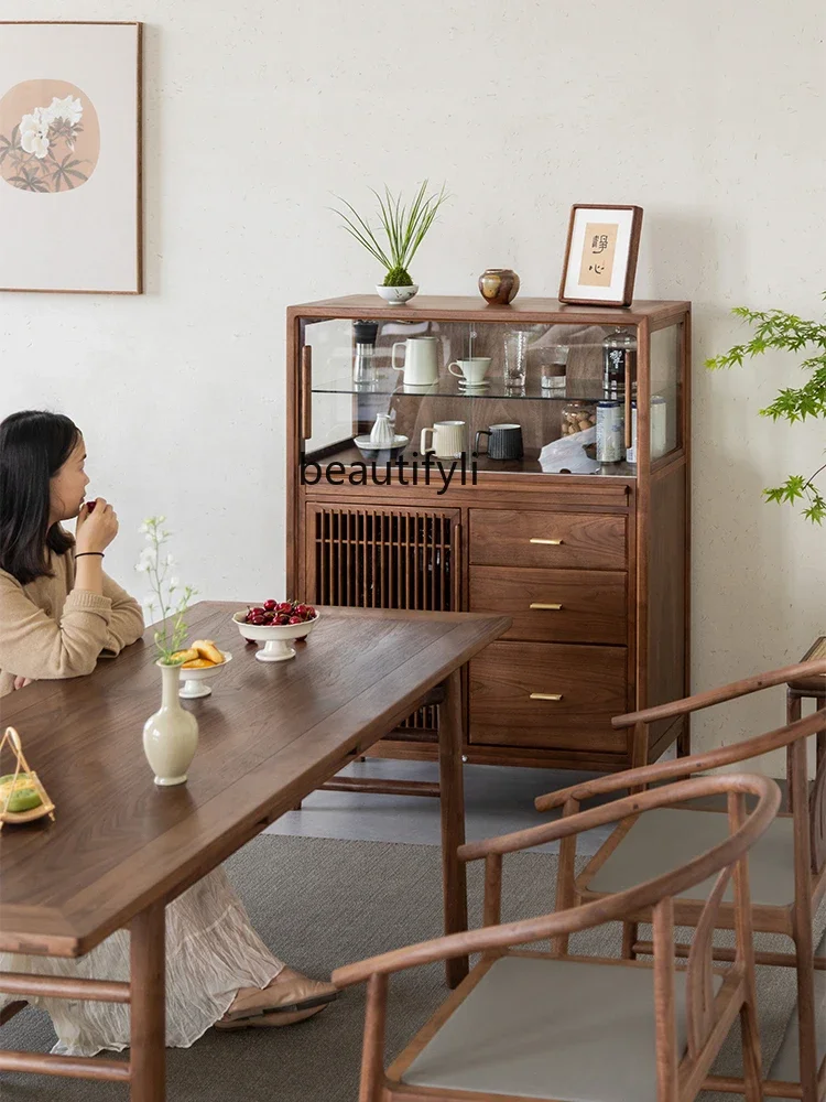 Solid Wood Wine Cabinet Sideboard Living Room Side  Sofa Locker Black Walnut Tea Side Cabinet Corner Cabinet