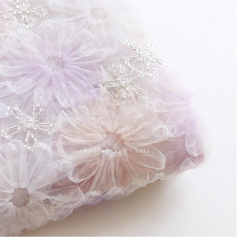 Colorful Lace Bead Embroidery Three-dimensional Flower Mesh Lace Fabric For Wedding And Evening Dress Designer Fabric