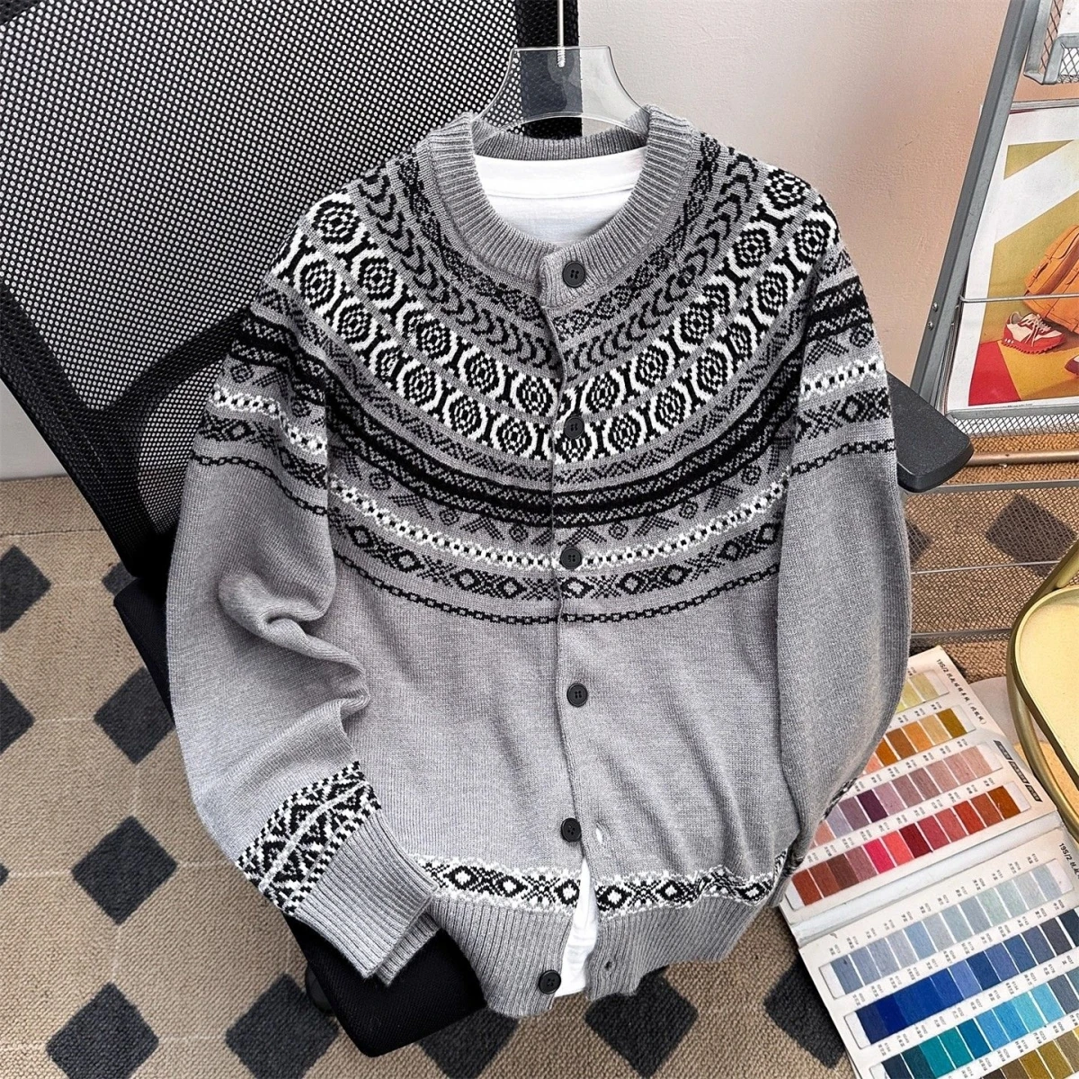 

Американский вязаный кардиган в стиле Fair Isle для мужчин и женщин, осенняя верхняя одежда, свободный повседневный свитер с длинными рукавами